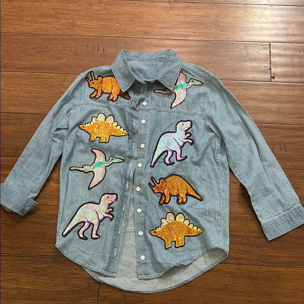 Denim Shirt with Dinosaur Patches